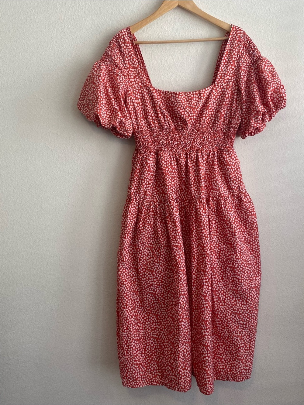 Anthropologie Red Floral Smocked Puff-Sleeve Midi Dress Milkmaid Romantic Casual